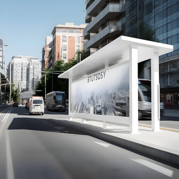 3D-рендеринг автобусной остановки в городе с знаком