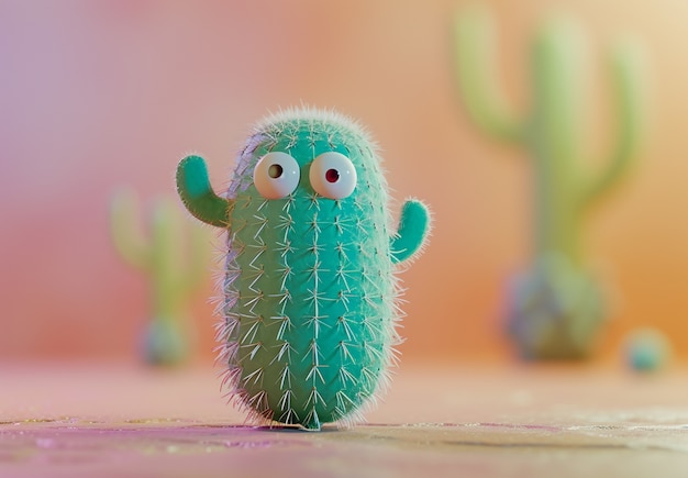 Foto gratuita rendering 3d di un cartone animato di cactus con una faccia amichevole