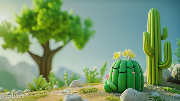 Free photo 3d rendering cartoon of cacti with friendly face