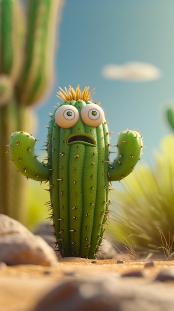 Foto gratuita rendering 3d di un cartone animato di cactus con una faccia amichevole