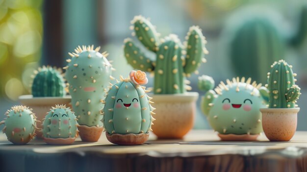 Free photo 3d rendering cartoon of cacti with friendly face