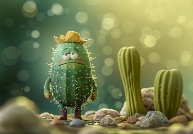 Foto gratuita rendering 3d di un cartone animato di cactus con una faccia amichevole