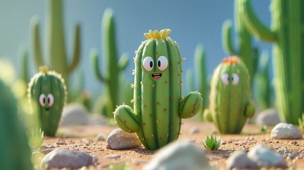 3d rendering cartoon of cacti with friendly face