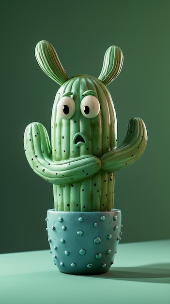 3D-рендеринг мультфильма о кактусах с дружелюбным лицом