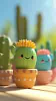 Foto gratuita rendering 3d di un cartone animato di cactus con una faccia amichevole