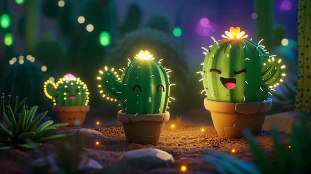 Free photo 3d rendering cartoon of cacti with friendly face