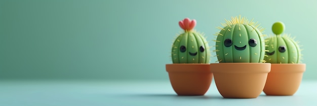 3d rendering cartoon of cacti with friendly face