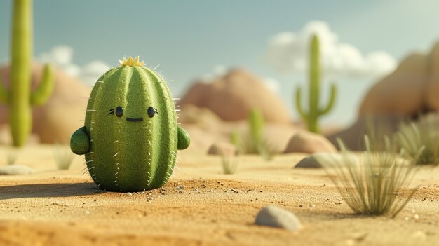 Foto gratuita rendering 3d di un cartone animato di cactus con una faccia amichevole