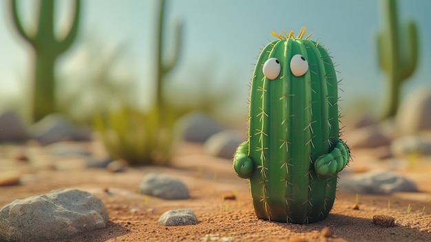 Foto gratuita rendering 3d di un cartone animato di cactus con una faccia amichevole