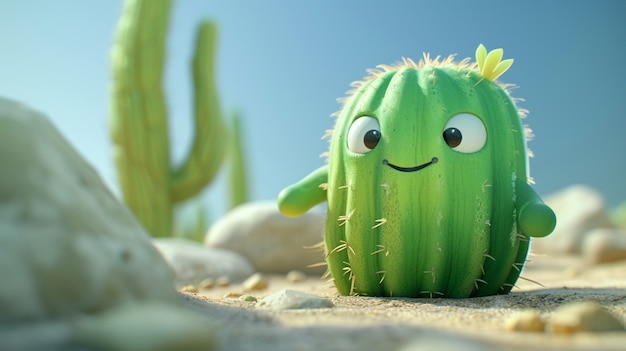 Foto gratuita rendering 3d di un cartone animato di cactus con una faccia amichevole