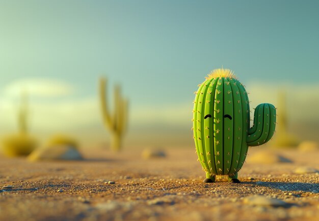 3D-рендеринг мультфильма о кактусах с дружелюбным лицом