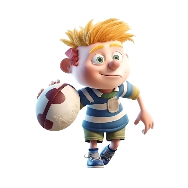 Foto gratuita rendering 3d di un personaggio dei cartoni animati con una palla da rugby isolata su sfondo bianco