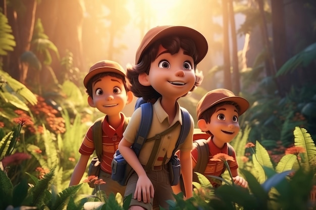 3D-рендеринг персонажей мультфильмов, исследующих лес