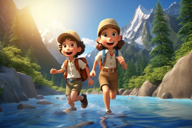 Free photo 3d rendering of cartoon characters exploring like forest