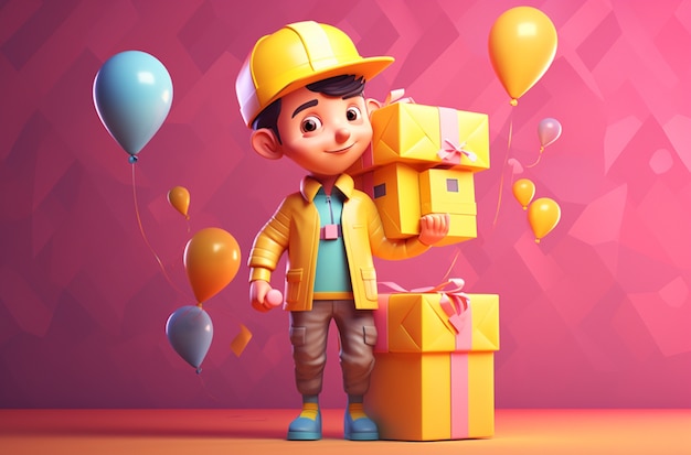 Free photo 3d rendering of cartoon like boy delivering gift