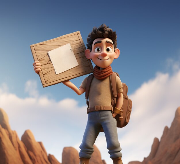 3d rendering of cartoon like boy holding sign