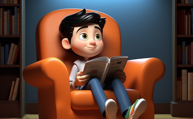 안락의자에서 책을 읽는 소년 같은 만화의 3d 렌더링