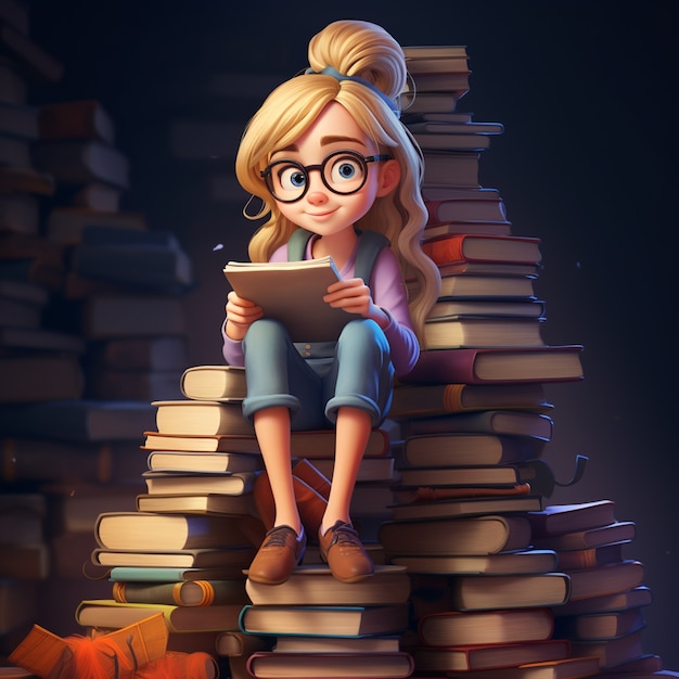 Free photo 3d rendering of cartoon like girl reading