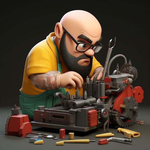 3D-рендеринг мультфильма, похожего на человека, работающего над механизмом
