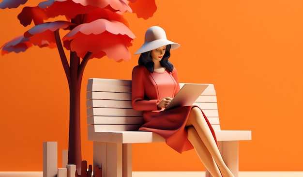 3d rendering of cartoon like woman reading on bench