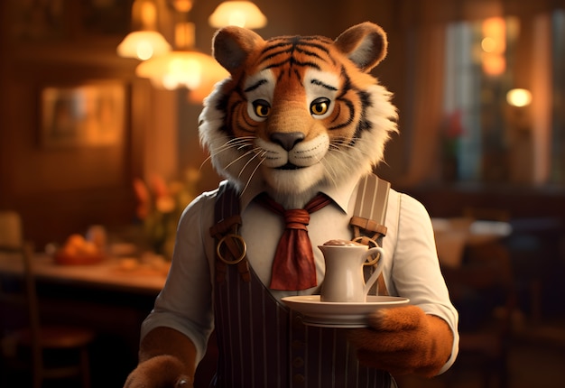 3d rendering of cartoon tiger as barista