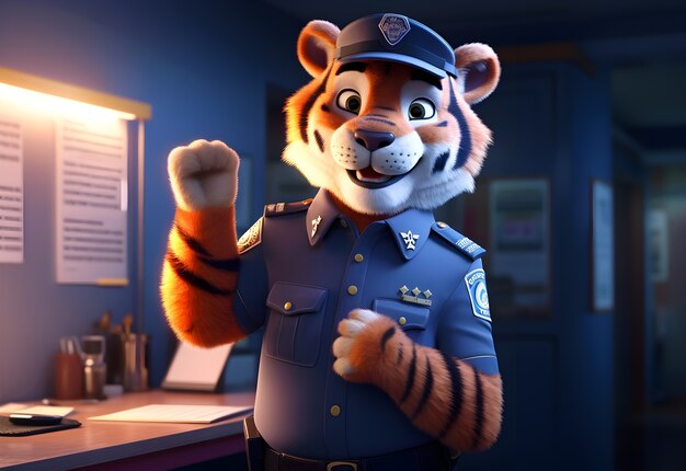 3d rendering of cartoon tiger as police officer