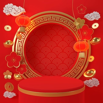 3d rendering. chinese new year. chinese style backdrop with geometric podiums.