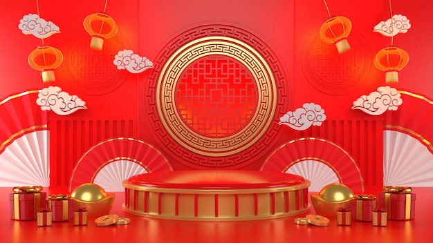 3d rendering. chinese new year. chinese style backdrop with geometric podiums.