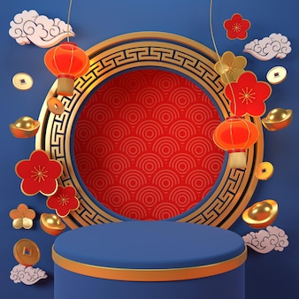 3d rendering. chinese new year. chinese style backdrop with geometric podiums.