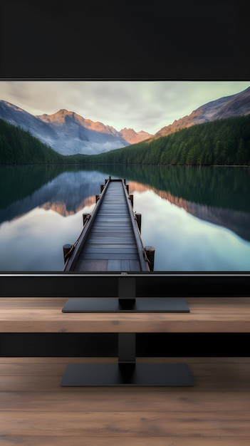 Foto gratuita rendering 3d mockup dello schermo del monitor del computer su un tavolo di legno con un lago di montagna sullo sfondo