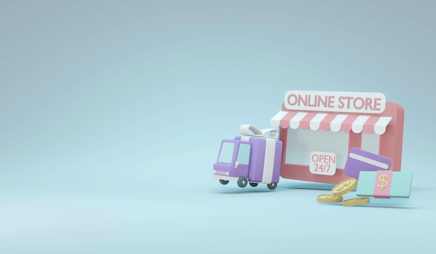 3d rendering of computer screen smartphone delivery truck money and credit card concept of online marketing shopping e-commerce in pastel theme. 3d render illustration.