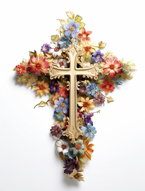 3d rendering of cross surrounded by flowers