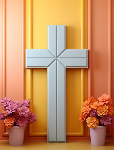 Free photo 3d rendering of cross with flowers