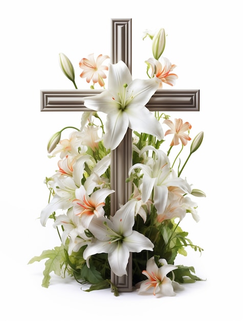 3d rendering of cross with white flowers