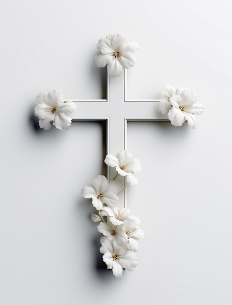 Free photo 3d rendering of cross with white flowers