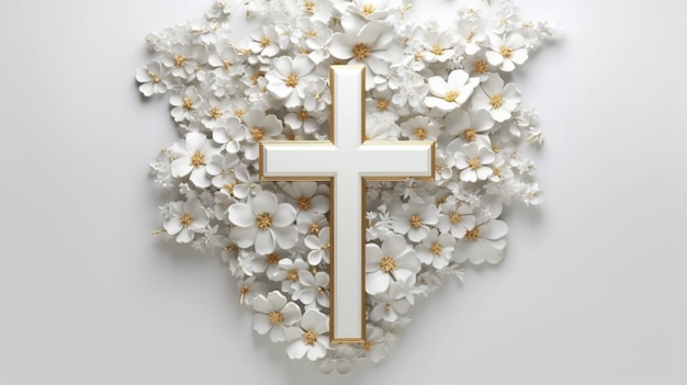 3d rendering of cross with white flowers