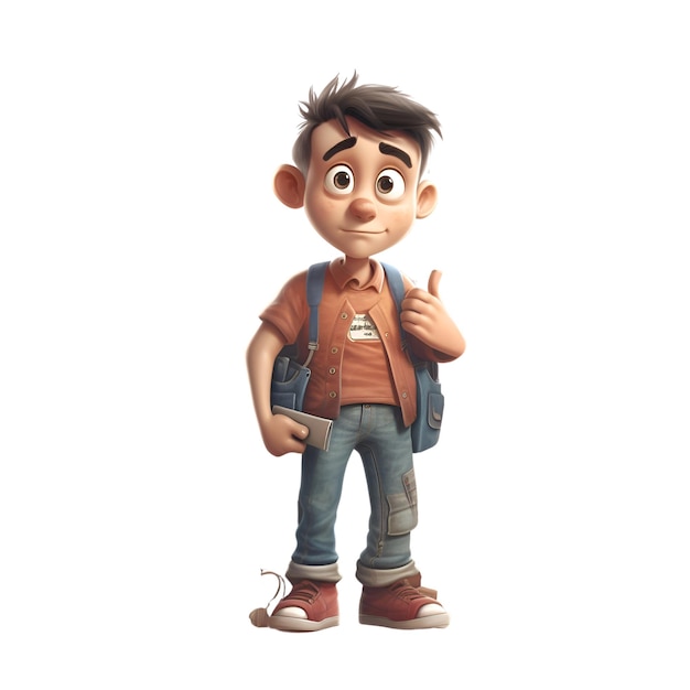 3D rendering of a cute boy with backpack isolated on white background
