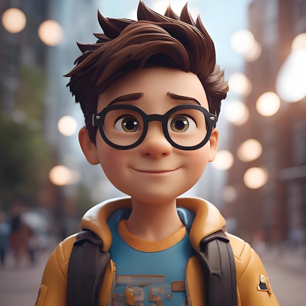 3D rendering of a cute cartoon boy with glasses and a backpack