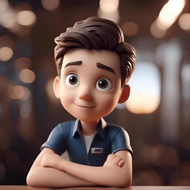 Foto gratuita rendering 3d di un simpatico personaggio dei cartoni animati in un caffè con sfondo bokeh