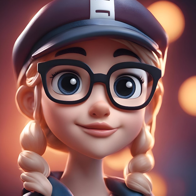 Free photo 3d rendering of a cute cartoon girl with glasses and cap