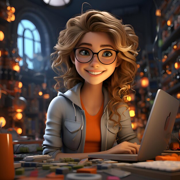 Free photo 3d rendering of a cute girl with glasses working on her laptop