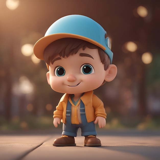 3d rendering of a cute little boy in a cap and overalls