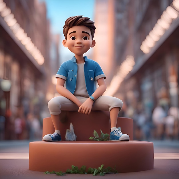 Free photo 3d rendering of a cute little boy sitting on a brick block