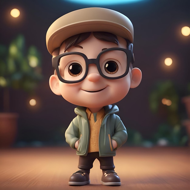 Free photo 3d rendering of a cute little boy wearing a beret and glasses