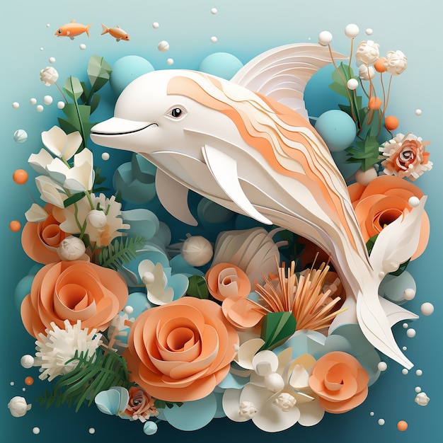 3d rendering of dolphin swimming over flower