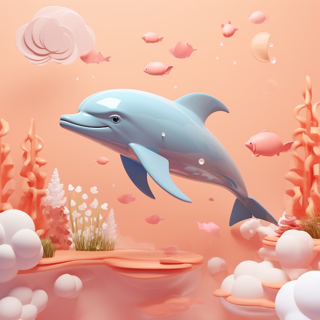 Foto gratuita rendering 3d di un delfino che nuota sopra un fiore