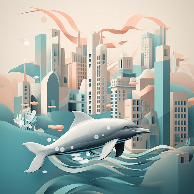 수중 도시에서 돌고래의 3D 렌더링
