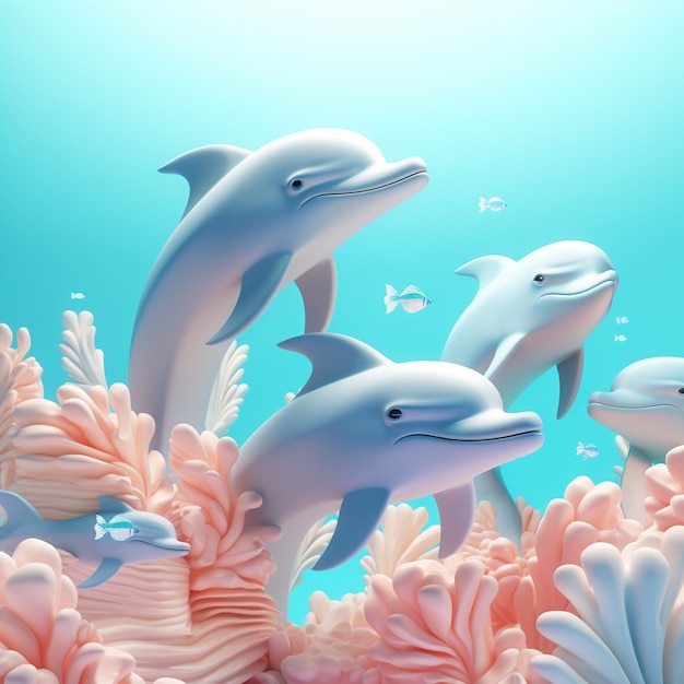 산호와 함께 돌고래의 3D 렌더링
