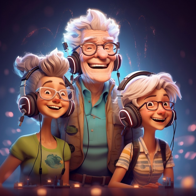 Free photo 3d rendering of elder people with headphones