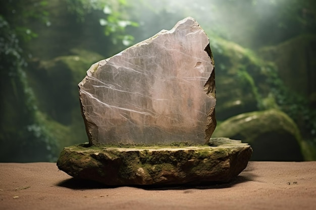 3D rendering of empty rough stone podium for product display surrounded by nature